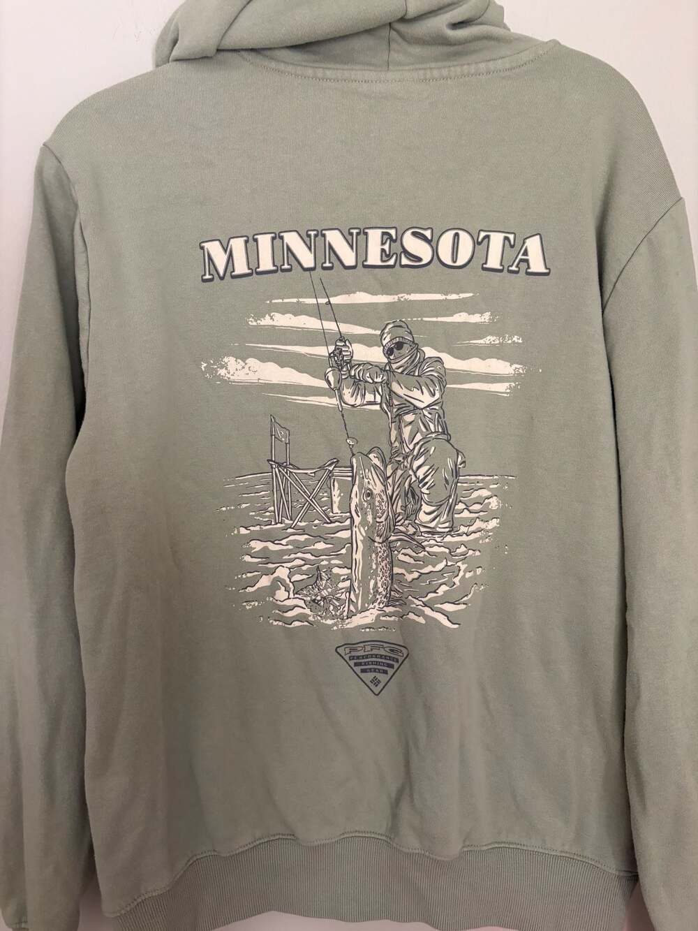 Columbia PFG Minnesota Ice Fishing Outdoor Graphic Hoodie Sweatshirt Green Sz S
